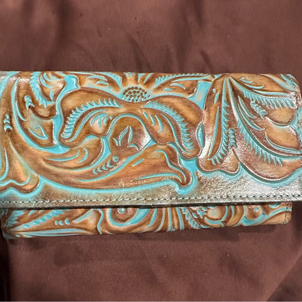 Patricia Nash Embossed Leather Clutch in Turquoise and Brown
